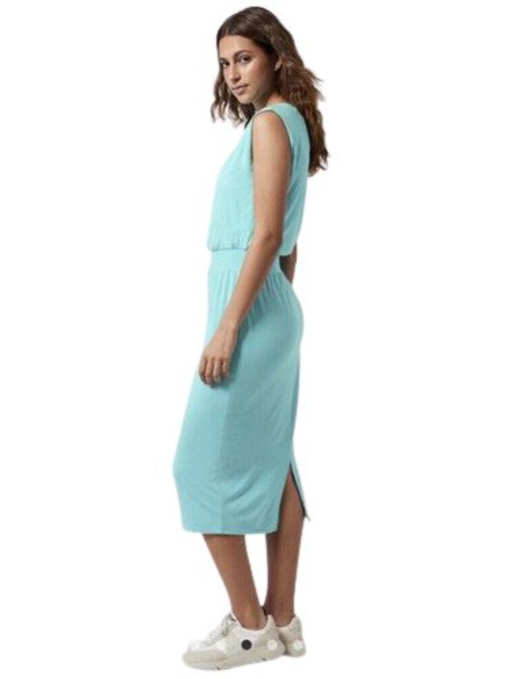 Athleta x Santorini Aqua Midi Dress Sleeveless Elastic Waist Travel Size M